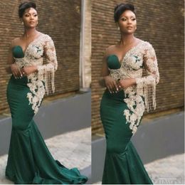 Emerald Green Prom Dresses 2021 One Shoulder Pearls Tassel Lace Appliques Mermaid Satin Evening Dresses abiye gece elbisesi 306e
