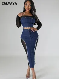 Work Dresses Fashion Women Set Off Shoulder Mesh Long Sleeve Denim Crop Top And Bodycon Midi Maxi Skirt 2024 Two 2 Piece Outfit