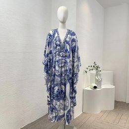 Casual Dresses White Women Collection 2024 Silk High Quality Re-tro Blue Floral Print Long Sleeve Diamonds Lace-up Loose Midi Dress