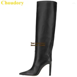 Boots Choudory Chunky Heels Pointed Toe Knee White Black Plaid Cloth Pattern Matte Leather Long Concise Party Shoes