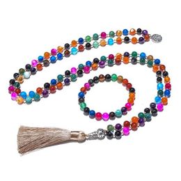 Beaded Necklaces 8mm Colourful Striped Agate Beads and Jieyapa Mara Necklace Meditation Yoga Blessing Jewellery Set 108 Mara Roses d240514