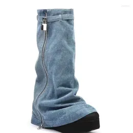 Boots Round Toe Waterproof Platform Wedge Cowboy Mid-calf Fashion Metal Buckle Zipper Flanged Colour Matching