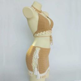 Womens Swimwear 3piece bikini set for womens crochet shell tassel bikini top and shell ankle bracelet chain sexy beach leather pants lace wear ultrathin mini leather