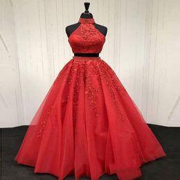 New Customise Lace Appliqued Two Piece Prom Evening Dresses Long Cheap Halter Ball Gowns Formal Party Dress vestido largo fiesta 210S