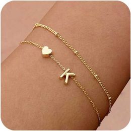 DEARMAY Exquisite Initial Heart Gold Bracelet Womens Fashion 14K True Gold Letter Pendant Bracelet Jewelry Cute and Simple Fashion Chain Bracelet Womens and Girls G