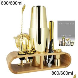 Bar Tools 1-12Pcs Gold Boston Cocktail Shaker Shakers Set Bartenders Barware Wine Pourer Jigger Accessories With Bamboo Stand Drop D Dhcfc