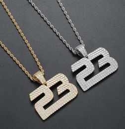 Hip Hop Micro Paved Cubic Zirconia Bling Iced Out Number 23 Pendants Necklace for Men Rapper Jewelry Gold Silver Color2687191