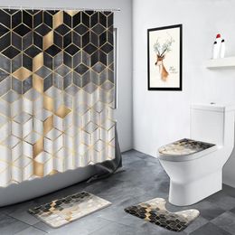 Shower Curtains 3D Black Grey Geometric Pattern Curtain Creative Cube Fashion Home Bath Mat Non-slip Rugs Toilet Mats Bathroom Decor Sets
