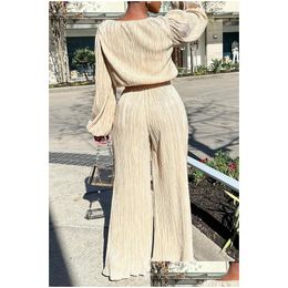 Womens Two Piece Pants Solid Colour Elastic Fashion Casual Tops High Waist Women 2Pcs Clothes Suit Long Sleeve Top Wide Leg Set Drop Dhmb8