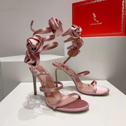 Top Rene Quality Caovilla High Heel Sandals Silk Snake Wrapped Ankle Strap Fashion Designer Dress Satin Flower Decoration Open Toe Party Wedding Shoes comfort
