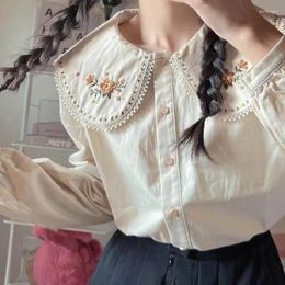 Women's T Shirts 2024 Doll Collar Shirt Long-sleeved Design Loose T-Shirts Sweet Girl Retro Embroidery Harajuku Blouse Kawaii Clothes