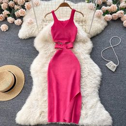 Casual Dresses Fashion Women 2024 Summer V-neck Long Dress Sexy Sleeveless Knitted Vestidos