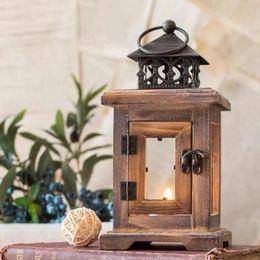 Candle Holders Retro European Wooden Windproof Stand Glass Hanging Candlestick Lantern Holder Church Wedding Home Party Ornaments