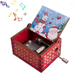 Decorative Figurines Red Merry Christmas Theme Music Box Carving Wooden Hand Crank Decoration Home Birthday Gift