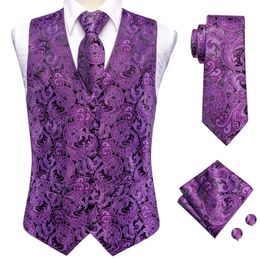 Hi-tie Mens Purple Suit Vest Paisley Silk Jacquard Slim Sleeveless Waistcot Ties Set FormalLeisure 4PCS Business Party Wedding 240513