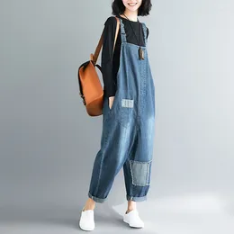 Women's Jeans Aricaca Women High Quality M-2XL Casual Light Blue Denim Overalls Fashion Loose Spliced Jumpsuits With Big Pockets