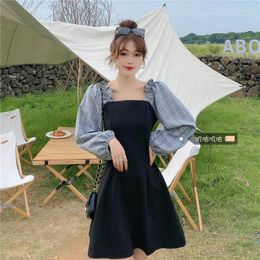 Casual Dresses Summer Dress Korean Plaid Spliced Off Shoulder Small And Slim Short Skirt French Gentle Girl Style Versatile