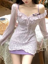 Work Dresses Purple Kawaii Lolita 2 Piece Set Women Lace Japanese Cute Sweet Dress Suit Female Korea Strap Long Sleeve Blouse 2024