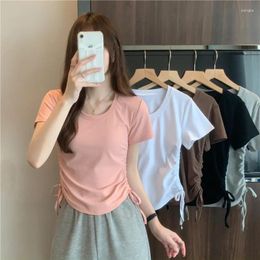 Women's T Shirts Short Sleeve T-shirt Women Summer Round Neck Drawstring Slim Casual Tee Top