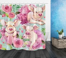 Shower Curtains Watercolor Flowers Pig Baby Polyester Fabric Bathroom Curtain With Hooks