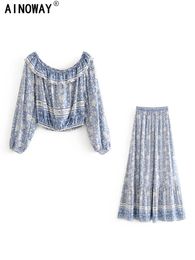 Vintage Chic Women Two Piece Suit Off Shoulder Crop Tops Bohemian Elastic Waist Maxi Skirts 2 Pieces Rayon Cotton Boho Sets 240514