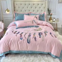 Bedding Sets Svetanya Pink Feathers Embroidery Silk Cotton Bedlinens Set Sheet Pillowcase Duvet Cover