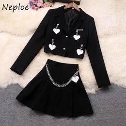 Work Dresses Neploe Spring Lapel Neck Long Sleeve Coat Women High Waist Chains Ruched White Skirts Fashion Two Piece Sets