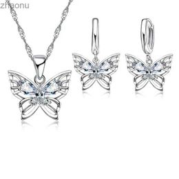 Earrings Necklace New Fashion 925 Sterling Silver Coloured Jewellery Set with Sparkling Austrian Crystal Inlaid Butterfly Wedding Pendant Necklace Earrings XW