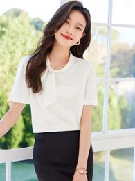 Women's Blouses Simplicity 2024 Summer Fashion White Short Sleeve Bow Blouse Women Purple Elegant Office Work Shirt Temperament Tops