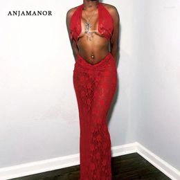 Work Dresses ANJAMANOR See Through Red Lace Mesh Two Piece Set Maxi Skirt And Bow Halter Top Sexy Stripper Outfit Club Wear D85-CE18