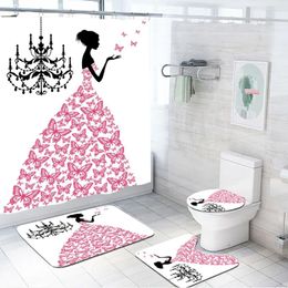 Shower Curtains 4PCS/Set Flowers Girls Print Curtain Toilet Carpet Bathroom Anti-Slip Mats Waterproof Home Decoration Supplies