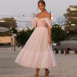 Short Wedding Dresses Tea Length Pink Off the Shoulder Sweetheart Dot Tulle Elegant Wedding Bride Gown For Party Reception 228G