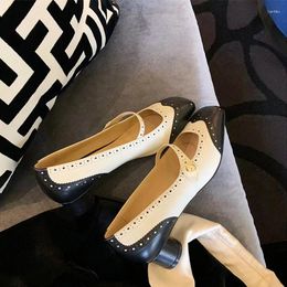 Casual Shoes Spring Hollow Carved Square Toe Retro Thick Heel With Light Cut Colour Block High Heels Mary Jane Single