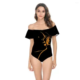 Women's Swimwear Off Shoulder One-piece Swimsuit Female Art Print Women Sling Beach Suit