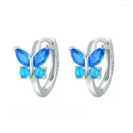 Hoop Earrings Real 925 Sterling Silver Blue Butterfly Zircon Jewellery Sparkling Original Ear Studs For Women Gifts