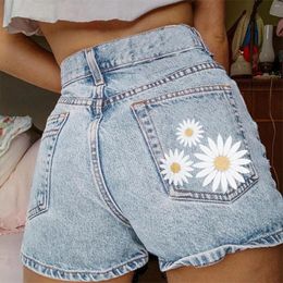 Women's Shorts Cute Flower Summer Denim Fashion Printed Versatile Pocket Straight Streetwear Jeans