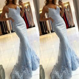 2022 Luxurious Baby Blue Prom Dresses Mermaid Evening Gowns Lace Beads Applique Spaghetti Beaded Staps Sexy U Open Back Party Graduatio 280u