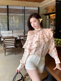 Women's Blouses Korejepo Sweet Chic Polka Dot Shirts Ruffled Edge Off The Shoulder Careful Machine Shirt Women Spring 2024 Design Loose Top