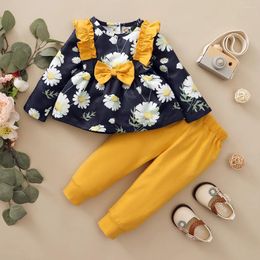 Clothing Sets 2PCS Clothes Set Toddler Girl Flower Long Sleeved Top With Bow Pants Spring And Autumn Fashion Outfits For Kids 1-4Years