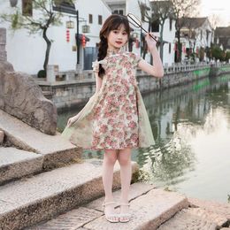 Girl Dresses Dress Summer 2024 Western Chinese Style Fragmented Flower Qipao Children's Clothing Girls' Princess Skirt
