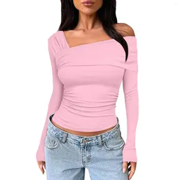 Women's T Shirts Fashion Girls Clothes Y2k Tops For Women Solid Colour Sexy Single Shoulder Long Sleeved Pleated Slim Exposed Navel Top