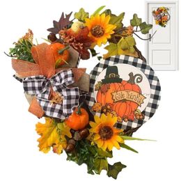 Decorative Flowers Fall Door Wreath Realistic Pumpkin Sunflower Thanksgiving Day Portable Front Hanger For Indoor & Outdoor Colourful