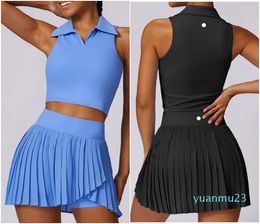 LL8600 Womens Yoga Outfit Yoga Sets Skirts Vest Tennis Sport Running Skirt Suit Elastic High Waist Sportwear Lined Breathable Turn-Down Collar