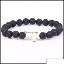 Beaded Car Dvr Beaded Strands Trendy 8Mm Black Lava Stone Turquoise Bead Cross Bracelet Oil Diffuser Volcanic Beads For Women Men Jewe Dhjmm