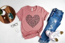 Women's T-Shirt Leopard Heart Valentines Day T Shirt Gift Cute Valentines Tops Heart Shirt Cotton Harajuku Strtwear Short Slve O Neck Ts Y240509