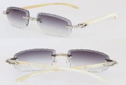 Luxury Big Diamond Set Sunglasses Men Original White Genuine Natural Horn Rimless glasses Womans 8200758 Diamond Cut Lens Eyeglass7170655