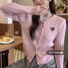 Women's Knits Japanese Kawaii Pink Twisted Knit Sweater Cardigan Coat Women Spring Autumn Jacket Embroidery Y2k Clothing Tops Mujer