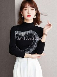Womens stand collar gauze love heart pattern knitted black Colour sweater top SMLXL