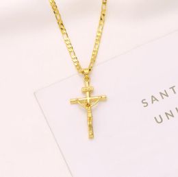 Italian inri Jesus Crucifix Cross Pendant Figaro Link Chain Necklace 9k Yellow Solid Gold GF 60cm 3mm Womens Mens4918611