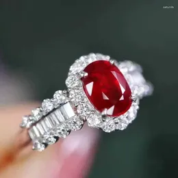 Cluster Rings Simulation High Carbon Diamond S925 Silver Luxury Surround Set With Pigeon Blood Red 6 8 Fashionable Oval Ring